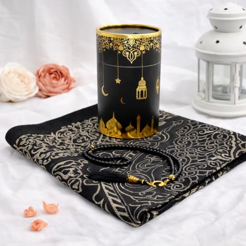 Modefa Islamic Gifts Prayer Mat | Thin Woven Praying Mat Muslim Prayer Rug | Muslim Gifts for Men Ramadan Gifts with Tesbih Prayer Beads | Ottoman Rug with Cylinder Gift Box Set Ramadan (Black) - color: Black