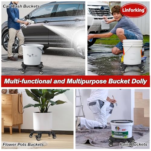 Bucket Dolly 5 Gallon with Wheels,360°Rolling Car Wash Bucket Roller | Foldable,For 3.5–5 Gallon Buckets,Holds 265 lbs – for Washing, Waxing, Removable Bucket Mover - size: B