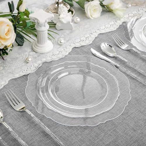 Liacere 150PCS Clear Silver Plastic Plates & Disposable Silver Plastic Silverware with Glitter Bamboo Handle Cutlery-Baroque Clear Disposable Plates for Wedding & Party - color: Silver, size: Baroque Style