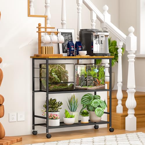 ThreeHio 20 Gallon Fish Tank Stand, 3 Tier Aquarium Stand with Adjustable Shelf, 33.11" L* 15.75" W Tabletop, Heavy Duty Terrarium Stand with Lockable Wheels, Rolling Storage Cart Shelf Rack Organizer for Kitchen, Living Room, Office, Balcony