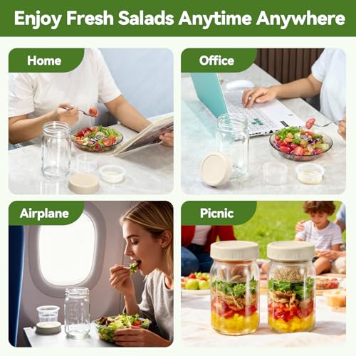 4 Pack Glass Salad Pod Mason Jar with Dressing Cup, 32 oz Salad Container to Go with Lids Meal Food Prep for Adults Lunch, Large Travel Mason Jar Bowl with 2 Insert Dressing & Topping Holder - color: 4 White Salad Jars (Not Side Open Design)