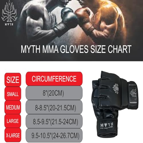 Myth MMA Gloves Grappling Sparring, MMA Gloves for Men & Women, Martial Arts Bag Gloves, Kickboxing Gloves with Open Palms, PU Leather MMA Gloves