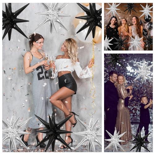 6 Pcs Silver Star Foil Balloons One-Piece 14-Pointed Star Balloon 4D Starburst Cone Mylar Balloon 22inch Christmas Birthday Wedding Wedding Anniversary Party Supplies (Black + Silver) - color: Black + Silver