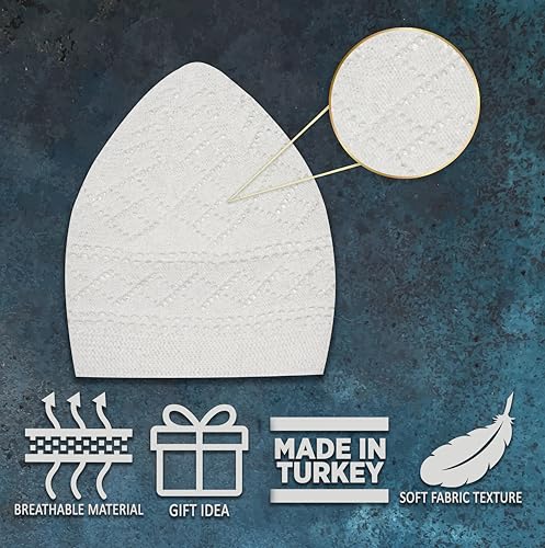 Kufi Hats for Men, Muslim Clothes for Men,%100 Breathable Skull Beanie, Crochet Cap, Handicraft Taqiyah, Cufi, Kufe - color: White Color, style: 1 Piece