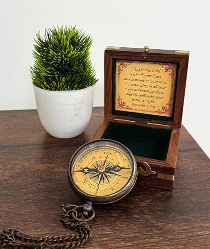 Trust Lord Compass – Religious Brass Compass Gift with Bible Proverb Engraved – Christian Inspirational Gift for Men, Faith-Based Graduation, Birthday, Gift for Son, Holy Gift - style: Trust Lord - Brown Locket