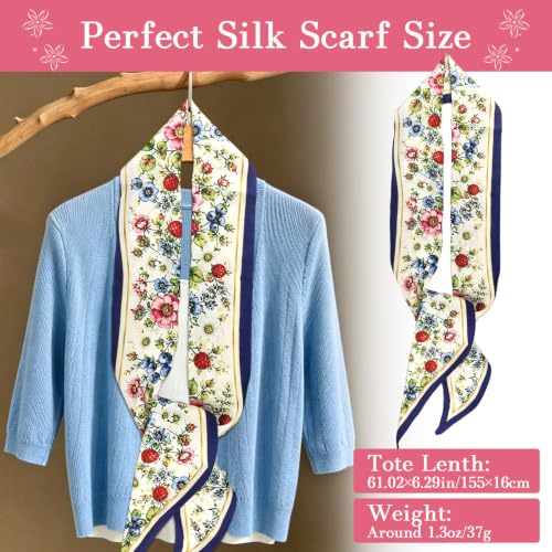 59" Hair Scarf for Women Silky Long Neck Head Scarves Purse Bag Scarfs for Handbag Satin Headscarf Gift 59" * 5.9” - color: 10-dark Blue Floral