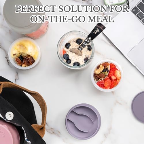 SOLIGT 4 Pack Overnight Oats Containers with Lids, Folding Spoons and Divided Compartments for Fruit & Nuts, Small Glass 16oz Mason Jars for Oatmeal Yogurt Parfait - color: 4 Set-Smoke Gray/Wisteria Purple/Rose Pink/Egg Yellow