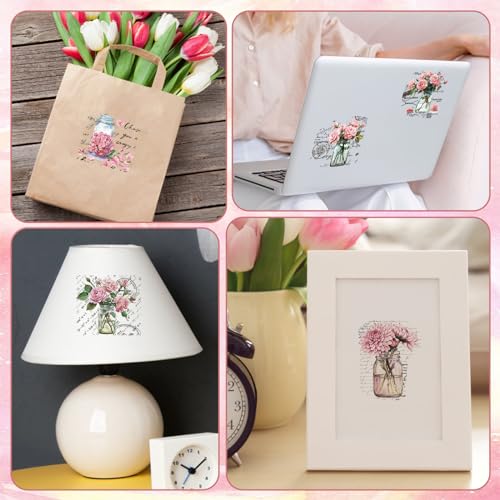 WANDIC 10 Sheets Rub On Transfer Sticker, Pink Flower Stickers Waterproof Transfer Decals for DIY Scrapbooking Photo Albums Furniture,11.8 * 3.9in - color: Pink Flower