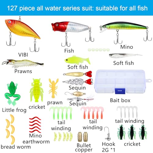 134 Pcs Fishing Tool Kit Fishing Gear and Equipment Fishing Pliers Kit Fish Hook Remover Tool Fishing Lip Gripper Set Fishing Lures Baits Tackle Accessories (Blue, Cute Style)