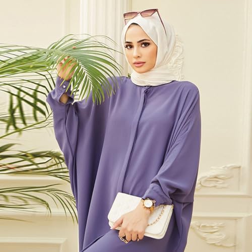 ODASDO Muslim Dresses for Women Abaya Button Down Henley Shirt Prayer Dress Batwing Long Sleeve Middle East Arabian Robe - color: Purple