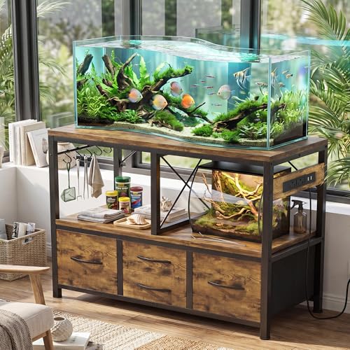 Heybly 55-75 Gal Fish Tank Stand with Drawer, Power Outlet, Rustic HAS005SR | Aquarium Stand, Heavy Duty, for Fish Tank, Turtle & Reptile Terrarium, 48" L × 18.1" Top, 660lbs (Top)+400lbs(Mid) - color: Rustic Brown, size: 55-75 gal