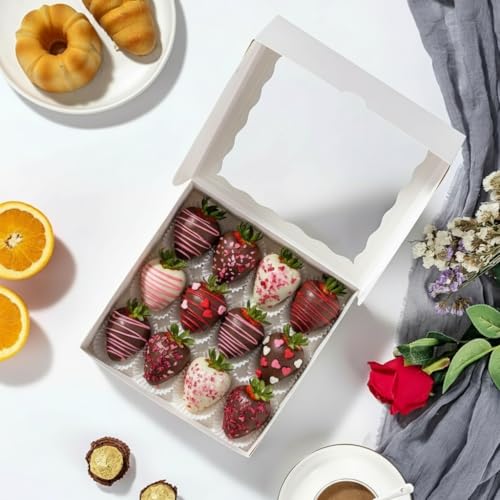 12Pack 9X9X2.5 Inches White Bakery Boxes,Pie Boxes with Clear Window Treat Boxes for Chocolate Strawberries, Pastries, Muffins, Donuts,Cookie,Breakable Heart - color: White