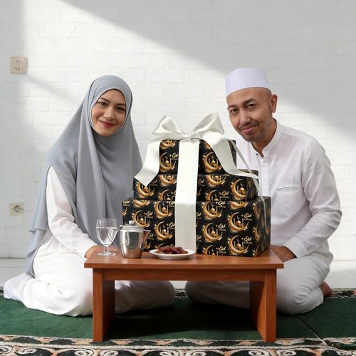 Altarho Eid Wrapping Paper Roll - Black Gold Crescent Moon Mosque Islamic Eid Mubarak Gift Wrap Design for Muslim Festival Holiday Celebration Total 28.5 sq.ft