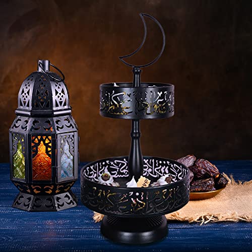 Eid Ramadan Double-Layer Pastry Tray Dinner Plate Tray Dessert Tray for Home Party Decoration, Candy Dessert Rack Iron Serving Tray for Islam Muslim Table Decor Castle (Gold)