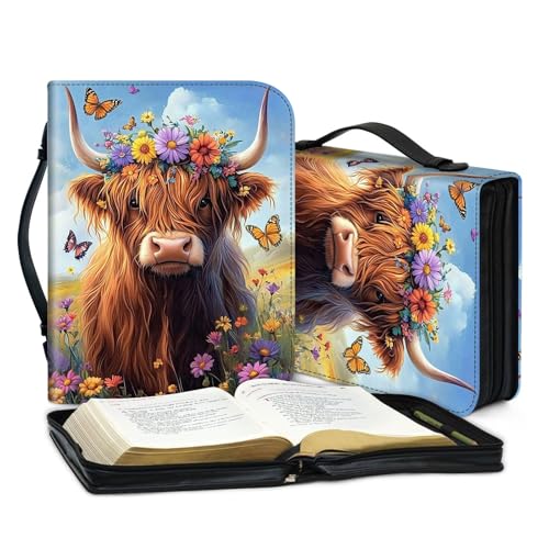 PU Leather Bible Cover with Handle & Pockets, Large Capacity Bible Case, Water-Resistant Scripture Organizer Bag with Bonus Card Holder, Christian Gift for Women & Men, Cute Highland Cow - color: Cute Highland Cow