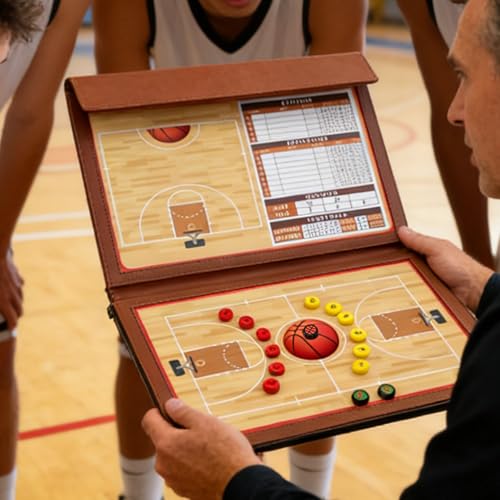 JIANNA Basketball Coaching Board 12.6" x 9.85" Folding Double-Sided Magnetic Dry Erase Strategy Board with Reinforced Stitching PU Cover, Thick Magnetic Player Tokens & Marker