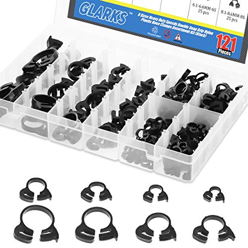 Glarks 121Pcs 8 Size Heavy Duty Black Double Gripping Nylon Hose Clamps Set, 6.1-26.1mm Plastic Snap Ratcheting Clamps Assortment Kit (Black 121Pcs)