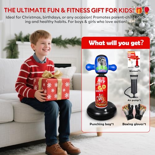 Punching Bag for Kids with 360° Rotating Head, Hyperzoo 63" Heavy-Duty Inflatable Boxing Bag with Glove, Freestanding Punching Bag Toy for Boys & Girls Ages 5–12 – Great