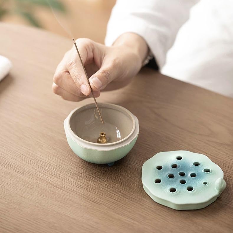 Zen Incense Burner with Lotus Lid Design (Lake Blue), Ceramic Incense Holder for Bakhoor, Stick, Powder, Cone, Coil, and Tower Incense, Home Fragrance Decor