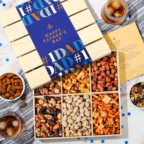 Fathers Day Gift Basket, Nut Gift Basket in Reusable Wooden Crate, Healthy Gift Option, Gourmet Snack Food Box, with Unique Flavors, Great for Dad, Father, Grandfather, Bonnie & Pop - style: Father's Day