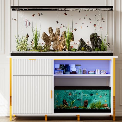 55-75 Gallon Fish Tank Stand with Power Outlets, LED Light, Vertical Lines, Heavy Duty Aquarium Stand with Cabinet for Fish Tank Accessories Storage, Turtle Tank, Reptile Terrarium, 1100LBS, White - color: White and Gold