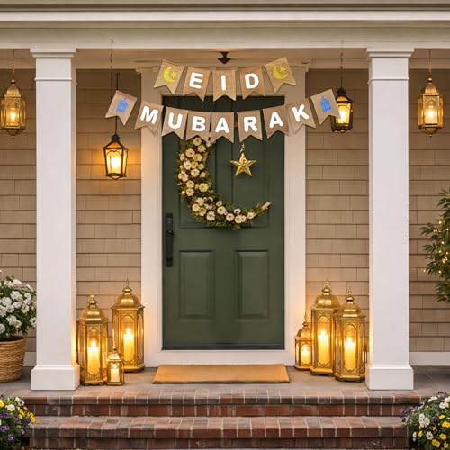 Mandala Crafts Burlap Eid Mubarak Banner Ramadan Islamic Muslim Sign - color: EID