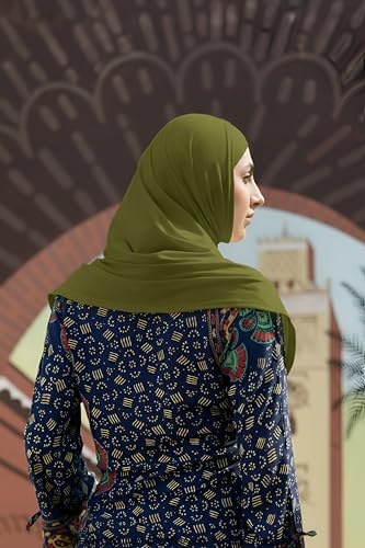 SARJANA Women's Solid Color Cotton Hijab with Under Scarf Cap Ready to Wear Stretch Scarves Long Scarfs FREE SIZE - color: Olive