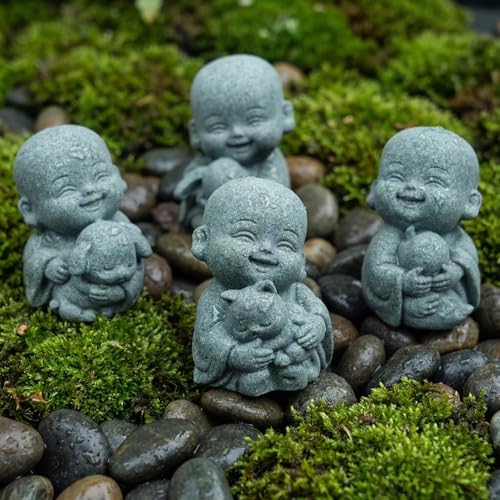 4pcs Mini Buddha Statue with Animal Companion, Aquarium Decor, Feng Shui Zen Monk Sandstone Sculpture, Cute Small Fish Tank Ornament for Home Garden, Buddha Decoration