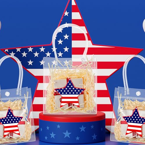 Aliceset 24 Pcs Patriotic Gift Bags with Handle, 4th of July Clear PVC Gift Bags, American Star Reusable Goodie Holder for Independence Day USA Patriotic Party Favor, 6.31" x 5.91" x 3.15" - style: Star