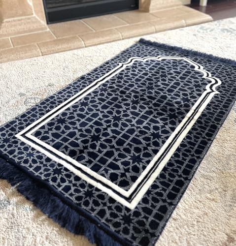 Modefa Muslim Prayer Rug - Large Plush Velvet - Andalus (Navy Blue) | For Islamic prayers, salah. For men or women; thick plush soft praying mat - color: Navy Blue