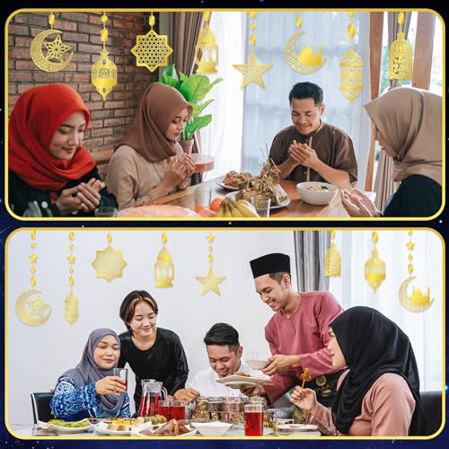 16 Pcs Ramadan Decorations, Ramadan Home Hollow Banner Hanging Moon Stars Lantern Pattern for Birthday Festival Wedding and Party Wall Decor