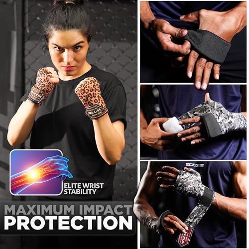 WYOX Boxing Hand Wraps & Gel Knuckle Guards Set for MMA, Muay Thai & Kickboxing - 2 Pair Hand Wraps + 1 Pair Knuckle Guards - Hand Wrist Protection for Men & Women Training - color: Cheeta/Black