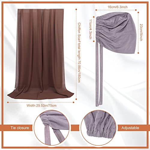 4 Pcs Women Chiffon Scarves 4 Pcs Hijab Caps Long Shawl Soft Wrap Scarves Islamic Muslim Underscarf Turban Caps Sleep Hats - color: Retro Colors