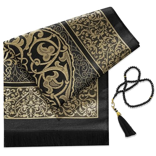 Muslim Prayer Rug with Islam Prayer Beads - Travel Prayer Mat, Islamic Gifts for Women, Portable Prayer Matt Islam, Islamic Prayer Rug Islam Men Women, Praying Mat for Muslim Gifts, Black