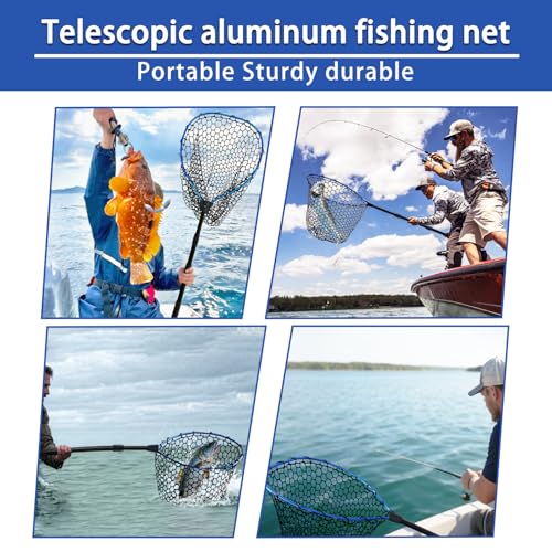 Telescoping Metal Lock Fishing Net Blue Aluminum Alloy Rubber Fish Net - Adjustable Length Lightweight Foldable Large Fishing Net with Handle Collapsible Extendable Fishing Accessories - color: Blue:3-section pole|length:63.7"