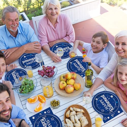 Qyeahkj 48Pcs Happy Retirement Paper Plates and Napkins Retirement Party Decoration Farewell Party Supplies Blue Silver Disposable Paper Dessert Tableware Set for Women Men Leaving Graduation Serve 25 - style: Retirement