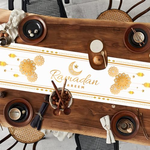Eid Mubarak Table Runner Decorations,White and Gold Ramadan Mosque Lattern Happy Holiday Kitchen Dining Table Decor for Home Party Supplies 13 x 72 Inch