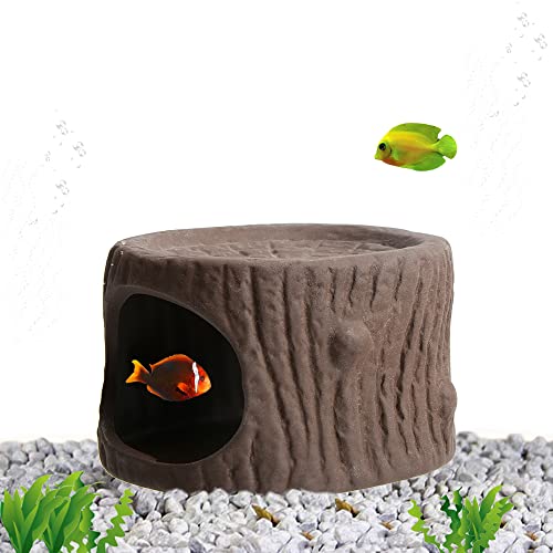 Saim Ceramic Betta Cave, Handcrafted Natural Tree Stump Fish Tank Decor, Aquarium Hideout for Betta Fish Shrimp Cichlid, Aquarium Decorations Breeding Cave with Large Opening