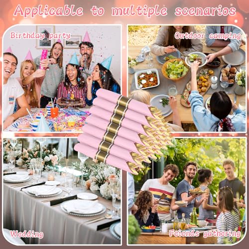Supernal Gold Plastic Silverware Set with Pre Rolled Pink Napkin-Disposable Cutlery with Pink Linen Napkin Gold, Wrapped Plastic Silverware Heavy Duty Suit for Birthdays, Parties, Weddings 30Packs - color: Pink and Gold, size: 30 Pack