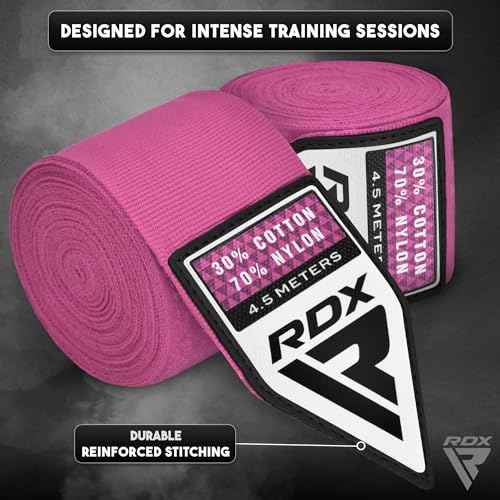RDX Boxing Hand Wraps 4.5M / 180 Inches – Mexican Style Semi-Elastic MMA Inner Gloves - Wrist Support for Muay Thai, Kickboxing, BJJ, Karate - Thumb Loop & Hook and Loop Closure - Cotton & Nylon Blend - color: Pink