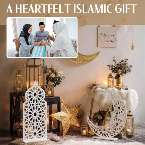 Sintuff 2 Pack Large Wooden Ramadan Decor Islamic Eid Mubarak 3ft Crescent Moon & 4ft Mosque Dome White Floor Decor for Room Entrances Ramadan Kareem Gift Party Home Decoration, Lights Not Included
