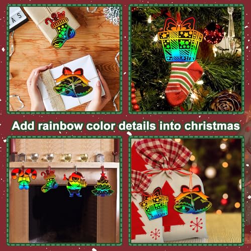 FEBSNOW Christmas Crafts for Kids, Magic Rainbow Scratch Art Paper Cards Tree Hanging Ornaments Christmas Gifts for Kids Holiday Party Favors Games - style: Christmas