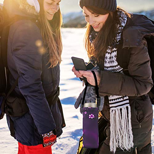 Neoprene Water Bottle Carrier Bag with Adjustable Shoulder Strap,Insulated Water Bottle Cover for Stainless Steel/Glass/Plastic Bottles - color: Purple Flowers, size: 500ml