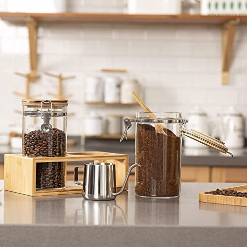 Coffee Container with Shelf: 2P 45OZ Glass Airtight Coffee Holder | Large Capacity Coffee Canister w/Wooden Scoop - Kitchen Food Storage Jar for Ground Coffee/Tea/Sugar/Cereal/Nuts/Coffee Bar