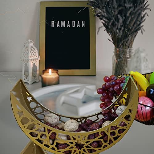 KYMY Ramadan Eid Mubarak Dessert Tray, Moon Star Metal Plate Tray for Islamic Muslim Festival Party, Dessert Food Fruit Storage Tableware for Ramadan and EID Mubarak (Moon)