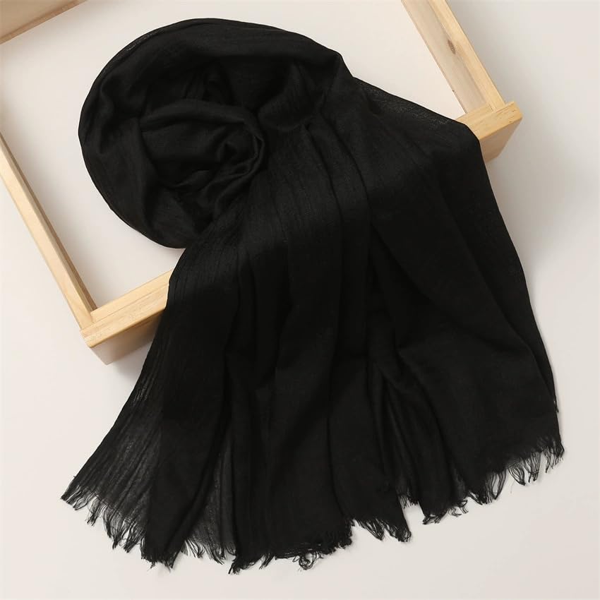 Solid color cotton and linen scarf, wrinkled all season versatile long sunscreen fashionable shawl - color: Black