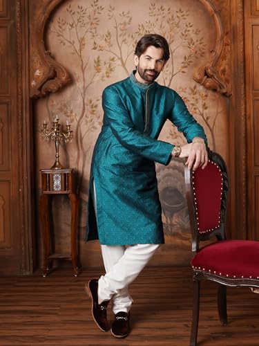 Sojanya (Since 1958 Men'S Teal Silk Blend Kurta Churidar Pyjama Set - color: Teal Green and Off White, size: Medium