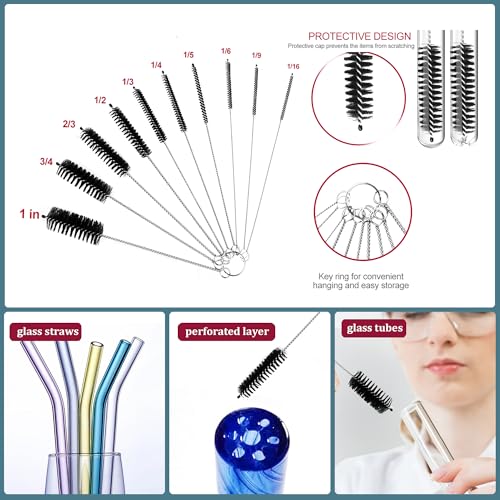 Set of 12 Tube Pipe Cleaners Brush Kit - Bottle & Long Straw Cleaning Tools | for Narrow Neck Bottle, Curved Glass Tube | 17" Long Handle, 8.2" Assorted Thickness Brushes, 35" Flexible Dual-Head Cleaner