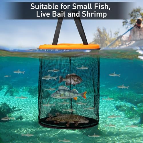 QualyQualy Floating Fish Basket for 5 Gallons Buckets, Foldable Fishing Basket Bait Net for Live Caught, Rubber Coated Mesh Fish Holder for Kayak Fishing Live Well Baitfish Minnow Bucket