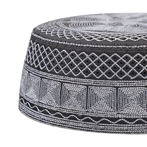 Islamic Men's Hat Men Muslim Prayer Kufi Hat Arabian Top Embroidered Men Hajj Mosque Headwear Beanie Skull Cap - color: Dark Grey